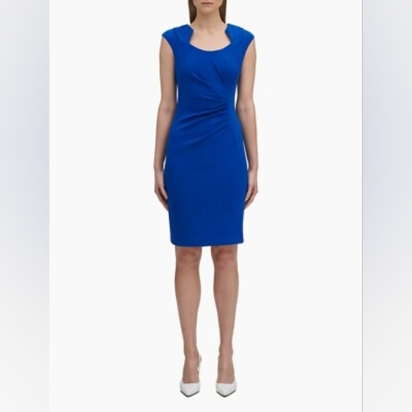 Calvin Klein Blue Horseshoe Neck Ruched Sheath Dress NWT - Picture 1 of 10